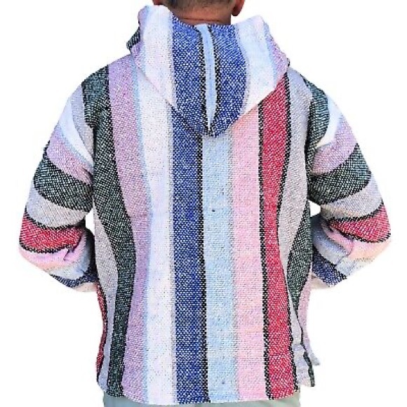 Mexican Poncho Baia Hoodie Surfer Pullover Made in Mex Unisex Sky Red Pink - Picture 2 of 10